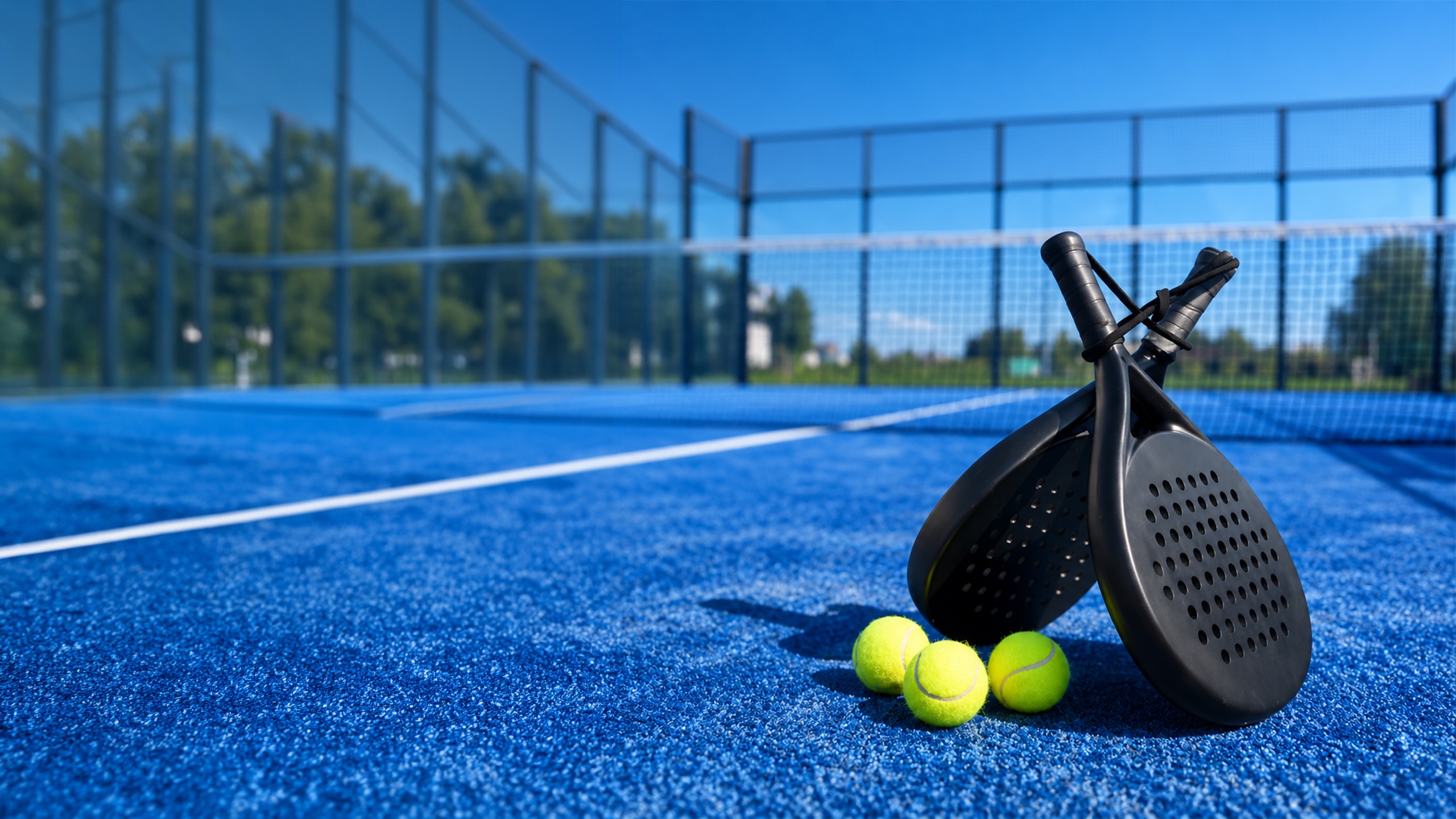 Padel rackets and balls on a blue court